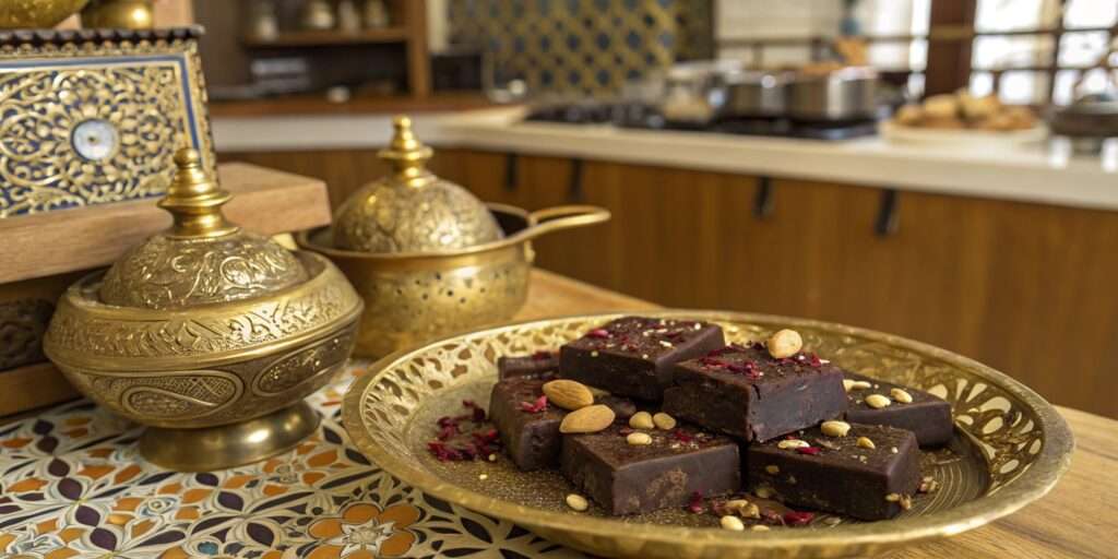 Dubai Chocolate Recipe ā rich chocolate pieces on a golden tray, garnished with saffron & pistachios.