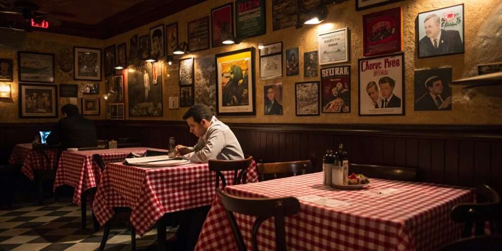 Vintage Italian restaurant with cozy lighting and Sinatra-themed decor.
