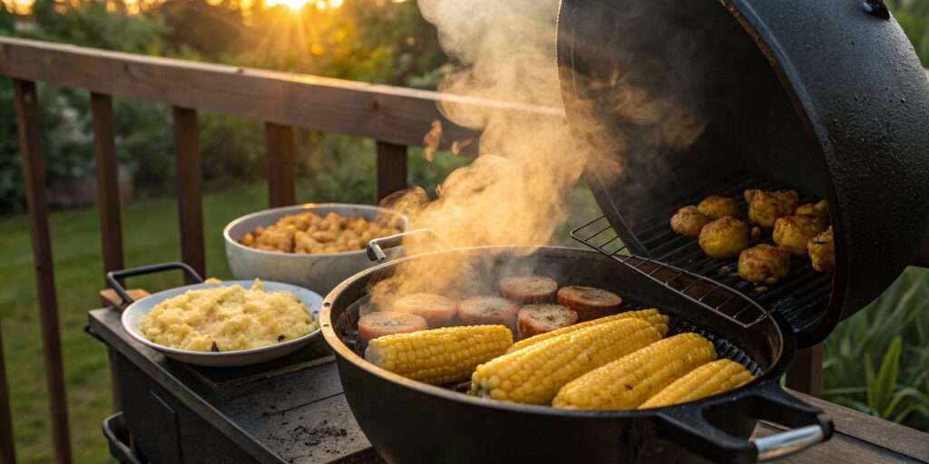 Smoked side dishes inside a backyard smoker, including corn, potatoes, and mac & cheese.