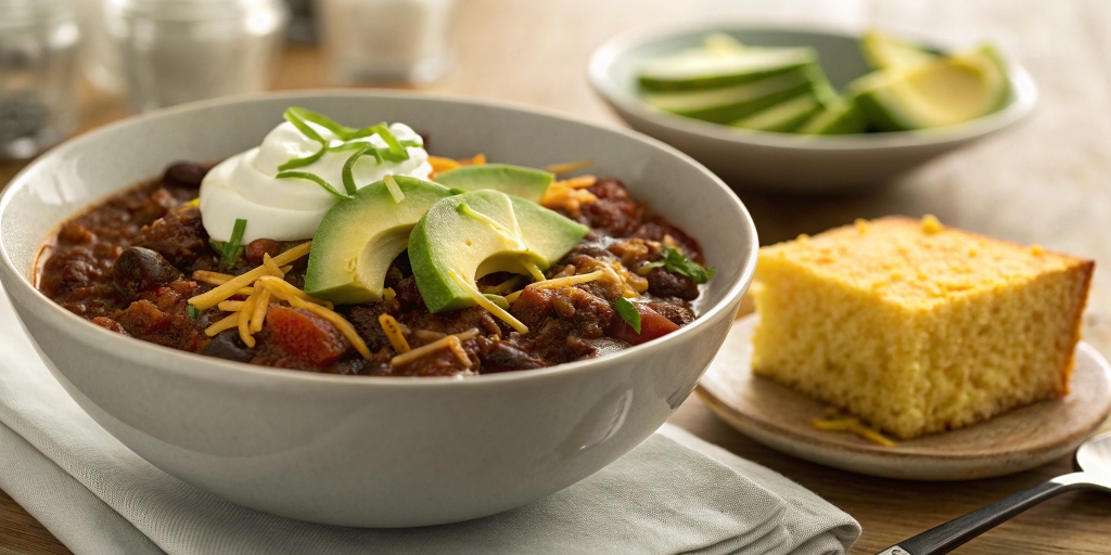 A bowl of venison chili served with cornbread, topped with avocado, cheese, and sour cream.