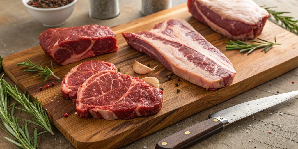 Different beef cuts for chili, including chuck roast, brisket, and short ribs, displayed on a wooden cutting board.