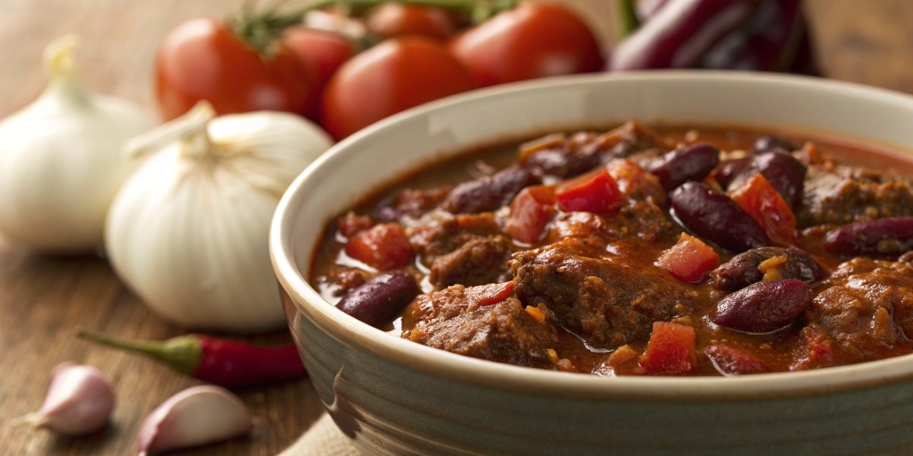 A close-up of venison chili with kidney beans, tomatoes, and spices in a rustic bowl.