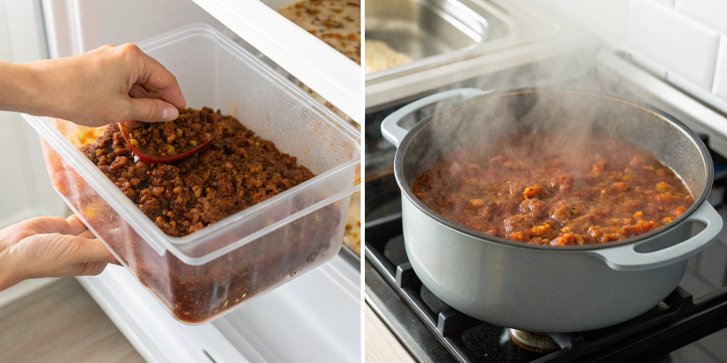 Freezing and reheating venison chili in a container for meal prep.
