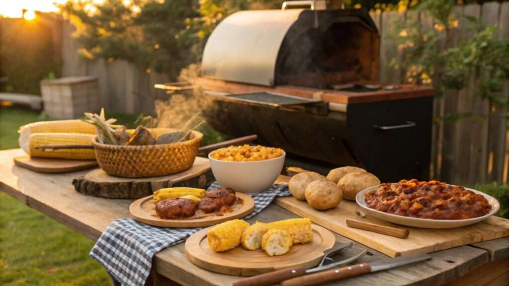A smoker filled with delicious smoked side dishes, including mac & cheese, corn on the cob, and baked potatoes, perfect for BBQs