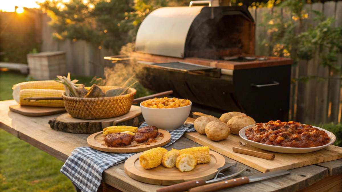 A smoker filled with delicious smoked side dishes, including mac & cheese, corn on the cob, and baked potatoes, perfect for BBQs