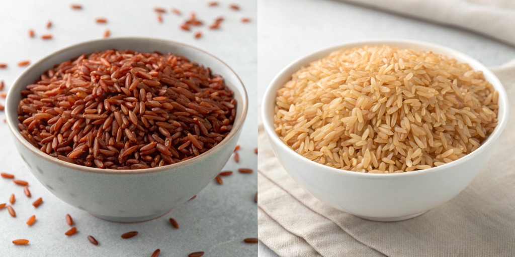Comparison of red rice and brown rice in two separate bowls.